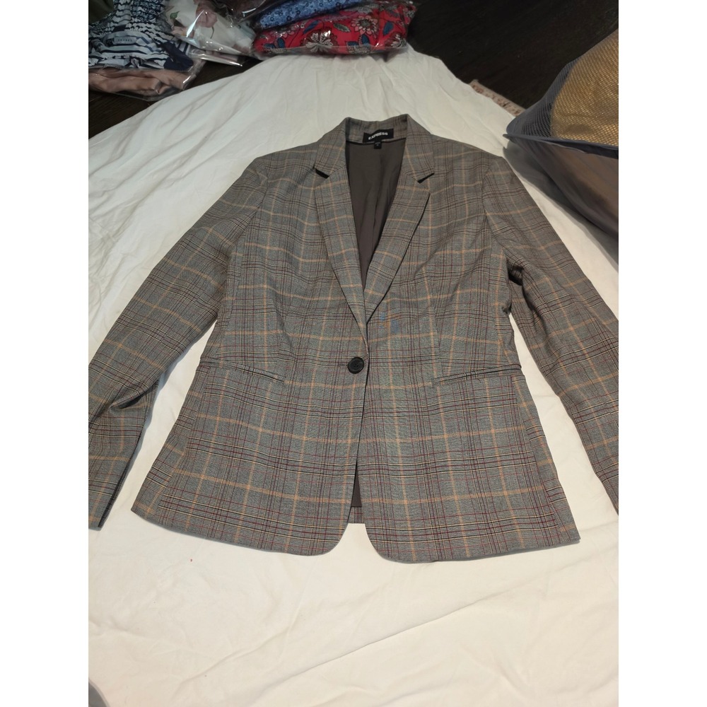 Express Grey Plaid Single Button Tailored Blazer Jacket Womens Size 10